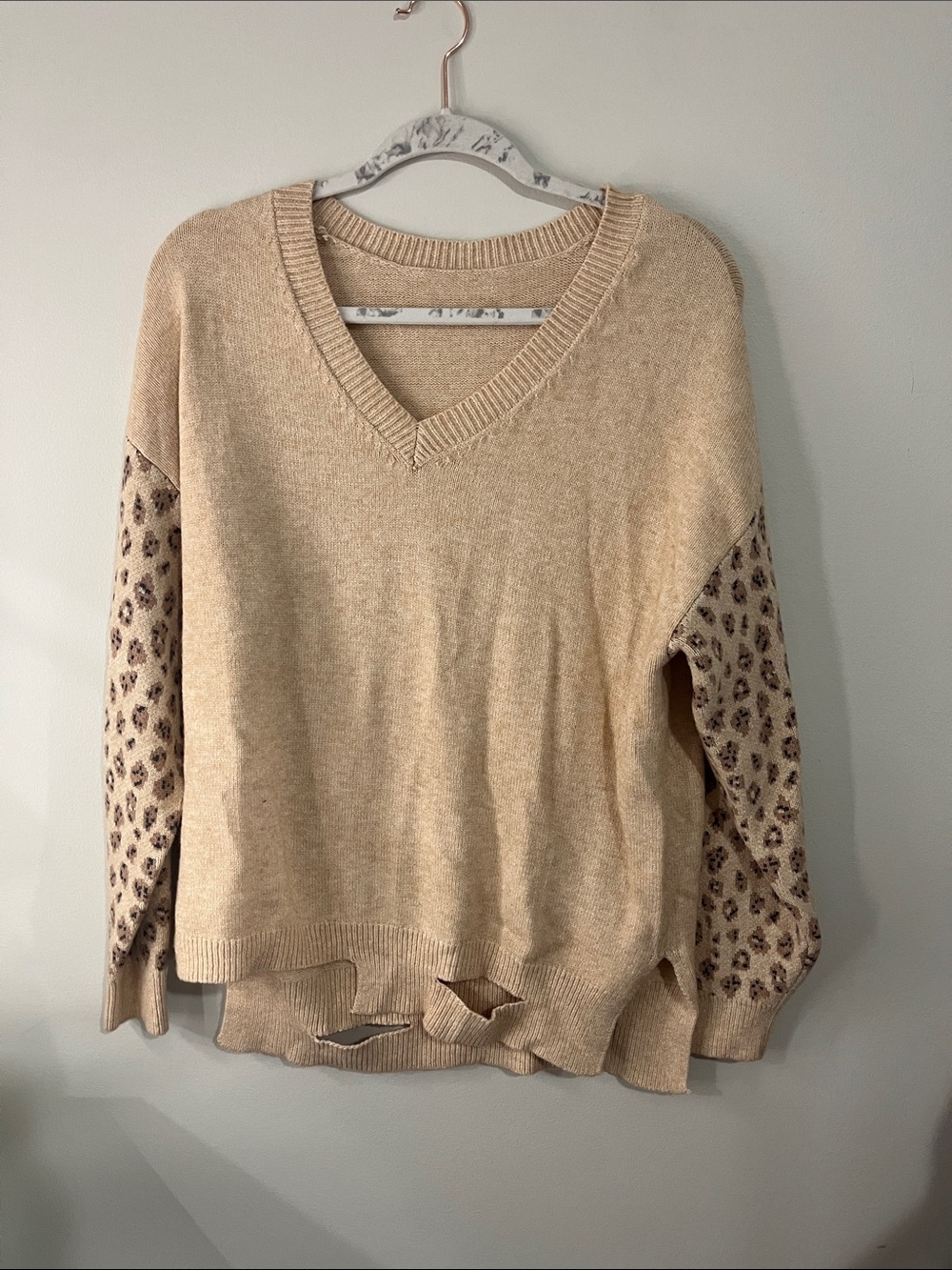 Beige V-Neck Sweater with Leopard-Print Sleeves